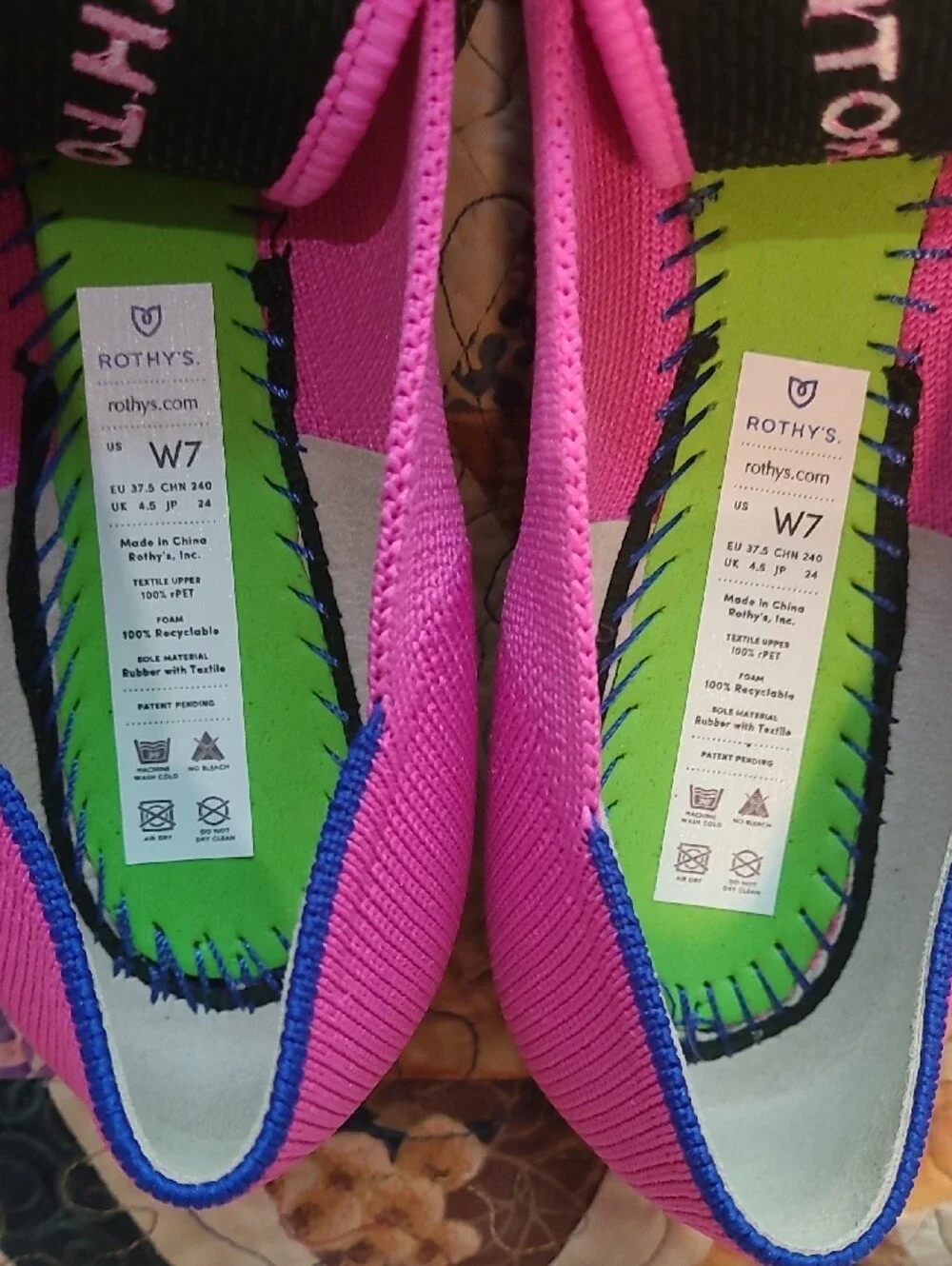 Rothy's The Point Pointed Flat in Bright Pink with Navy Trim Size 7